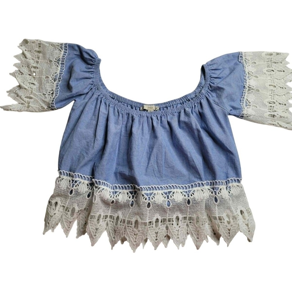 Iris Denim & Crochet Lace Crop Top Women's Large 100% Cotton Off The Shoulder‎